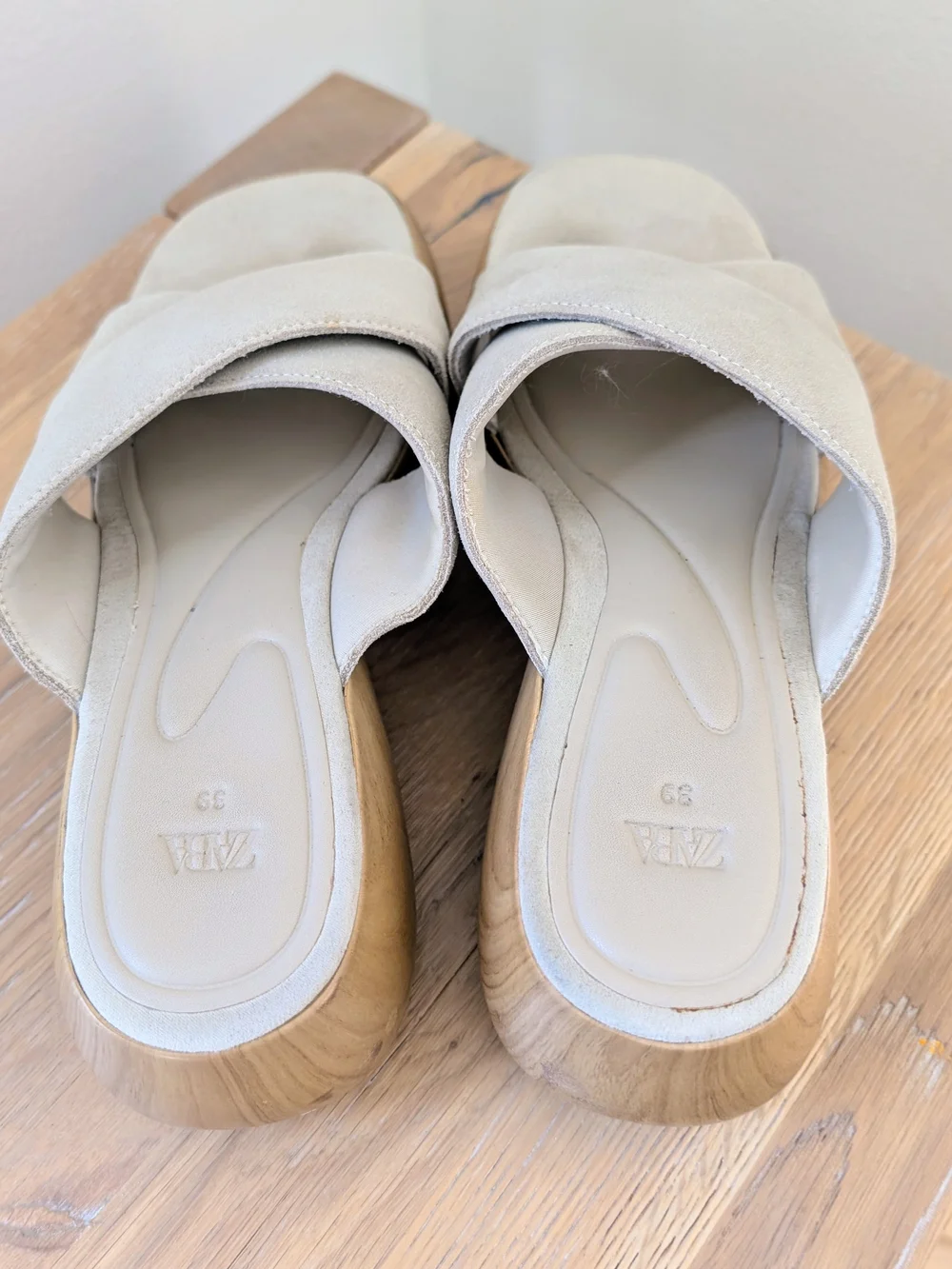 Zara Neutral Suede Slide Chunky Wood Heel Sandals In Beige - 8.5 - Picture 6 of 10